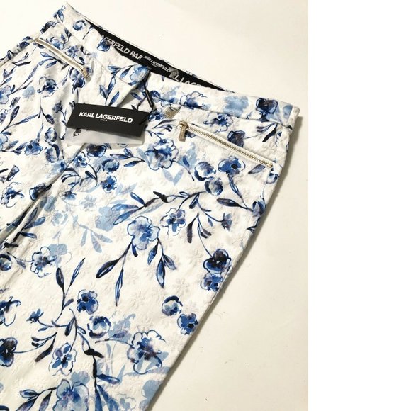 Karl Lagerfeld Paris Floral Skinny Pants Blue White Ankle Crop Trousers Sz 8 NWT - Picture 8 of 9